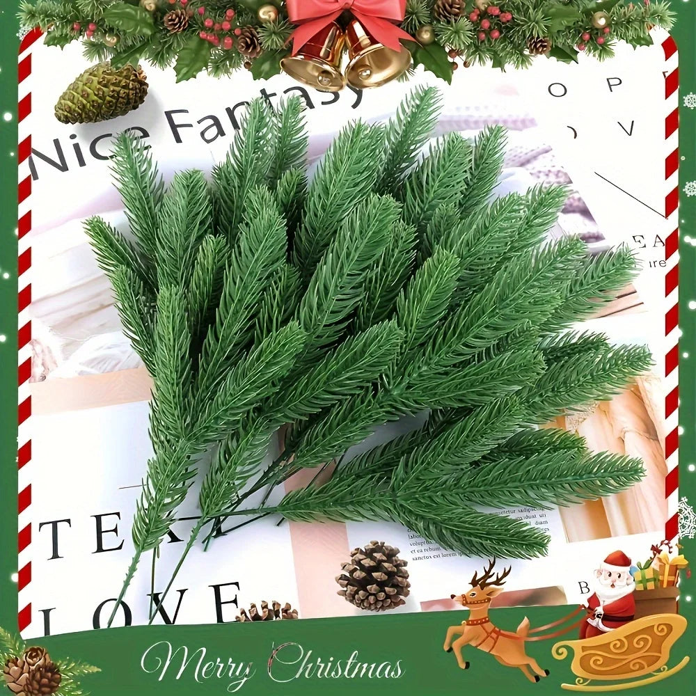 A selection of 60 artificial pine trees, with plastic green pine branches for DIY Christmas decoration, winter tabletop plants