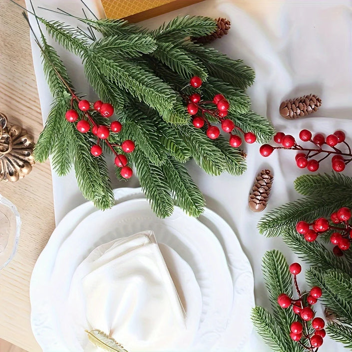 A selection of 60 artificial pine trees, with plastic green pine branches for DIY Christmas decoration, winter tabletop plants