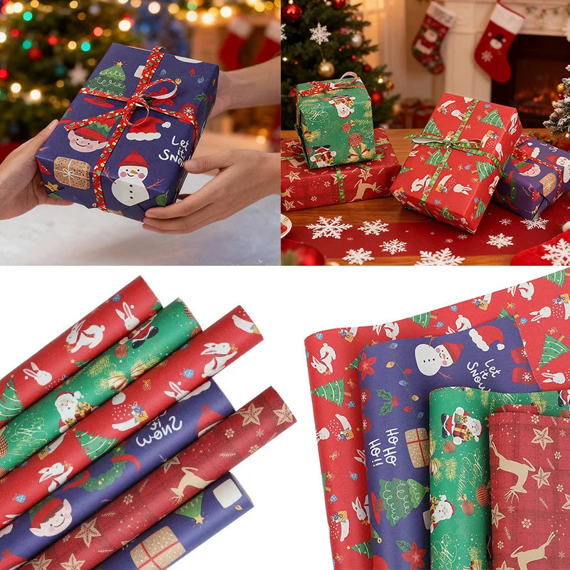 10mx50cm Christmas Wrapping Paper Roll Cartoon Santa Claus Elk Gift Box Packaging Material Christmas Party Home Decoration
