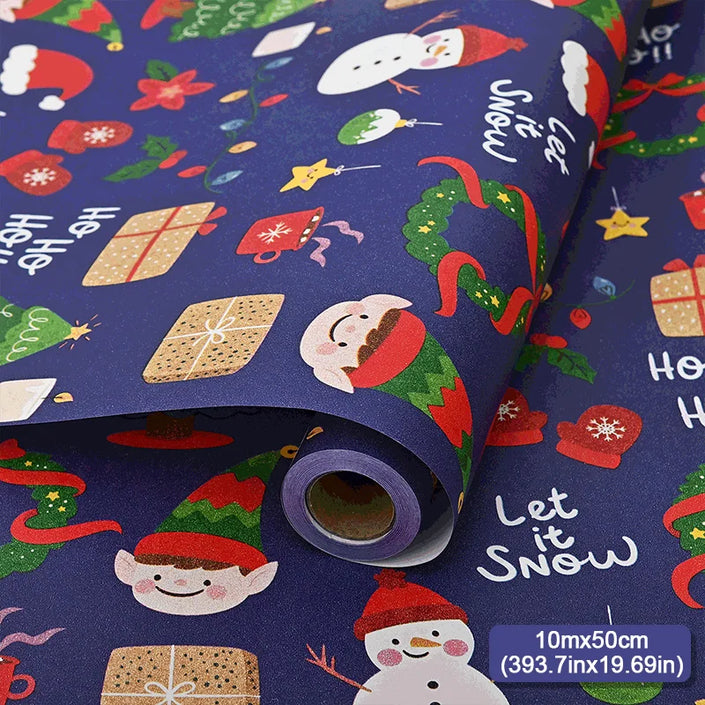 10mx50cm Christmas Wrapping Paper Roll Cartoon Santa Claus Elk Gift Box Packaging Material Christmas Party Home Decoration