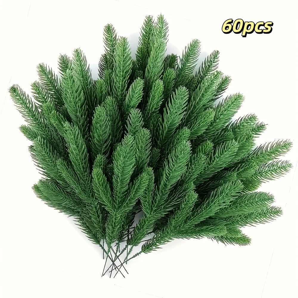 A selection of 60 artificial pine trees, with plastic green pine branches for DIY Christmas decoration, winter tabletop plants