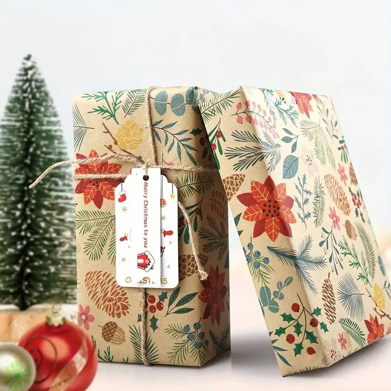 1 Roll 10m Large Size Christmas Theme Gift Wrapping Paper Plant Leaves Flowers Decoration Kraft Paper DIY Gift Packaging Supplies