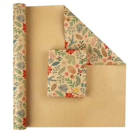 1 Roll 10m Large Size Christmas Theme Gift Wrapping Paper Plant Leaves Flowers Decoration Kraft Paper DIY Gift Packaging Supplies