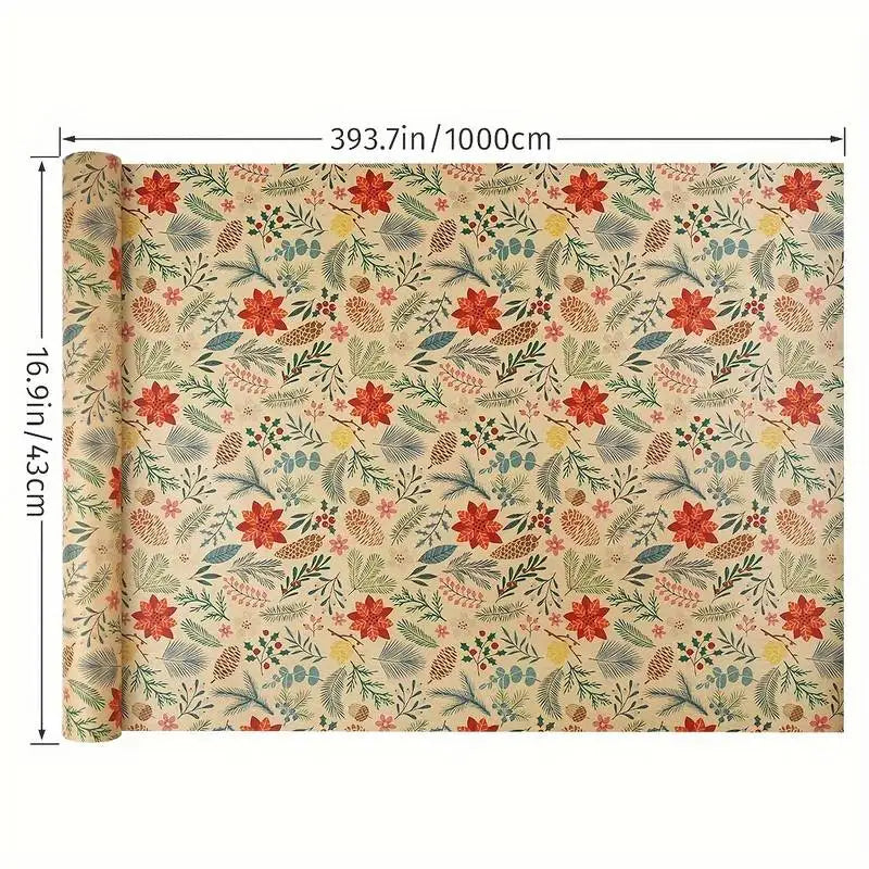 1 Roll 10m Large Size Christmas Theme Gift Wrapping Paper Plant Leaves Flowers Decoration Kraft Paper DIY Gift Packaging Supplies