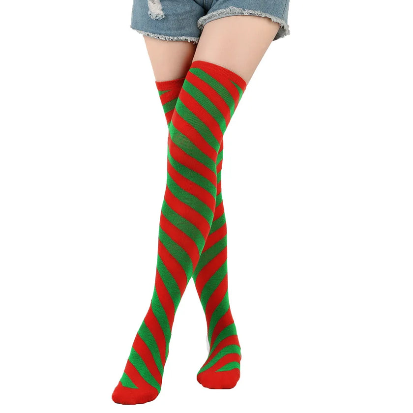 Christmas Stockings Over Knee Long High Socks Women Halloween Striped Stockings Dance Cosplay Performance Solid Colors Leggings