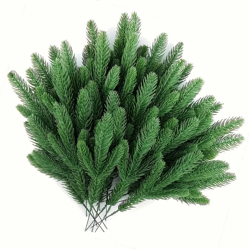 A selection of 60 artificial pine trees, with plastic green pine branches for DIY Christmas decoration, winter tabletop plants
