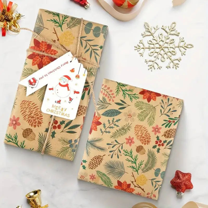 1 Roll 10m Large Size Christmas Theme Gift Wrapping Paper Plant Leaves Flowers Decoration Kraft Paper DIY Gift Packaging Supplies
