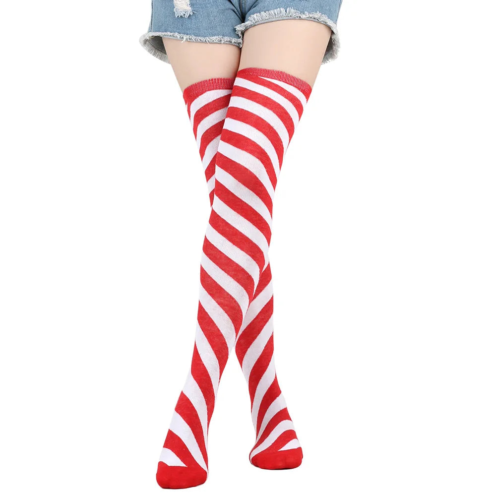 Christmas Stockings Over Knee Long High Socks Women Halloween Striped Stockings Dance Cosplay Performance Solid Colors Leggings