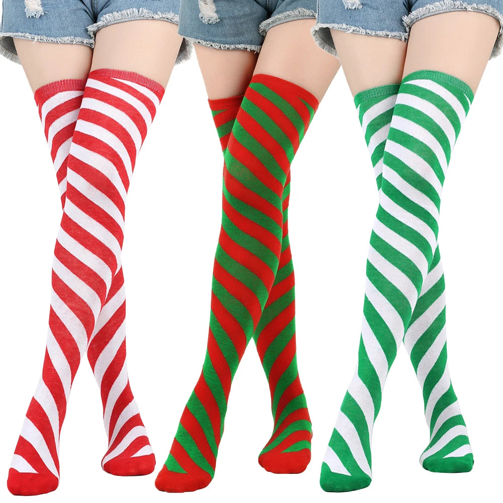Christmas Stockings Over Knee Long High Socks Women Halloween Striped Stockings Dance Cosplay Performance Solid Colors Leggings